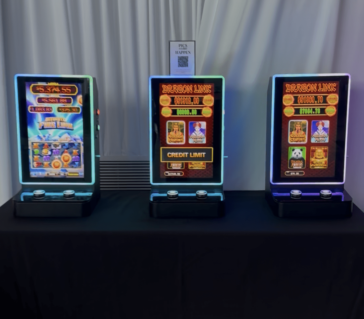 Illuminated slot machine decor rentals for casino theme parties, for entertainment only with no money accepted or paid out